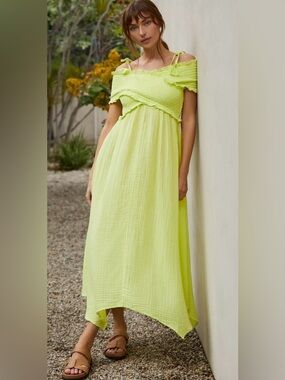 By Anthropologie Smocked Gauze Criss-Cross Dress Tie Off Shoulder Lime Neon XLP